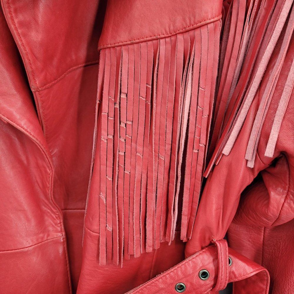Vintage Leather Fringed Jacket Coat L Red Oversized Belted Rodeo Cowgirl Boho - Picture 12 of 16